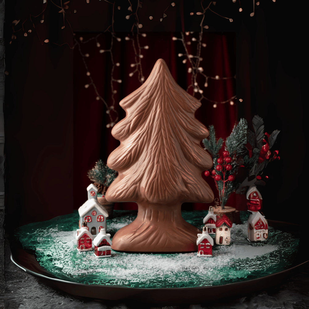 Close-up view of the Aaraya Chocolates Christmas Tree, a 40 cm tall and 1,700g delight crafted from premium chocolate. The intricate details and rich cocoa hues make it a perfect centerpiece for festive celebrations.