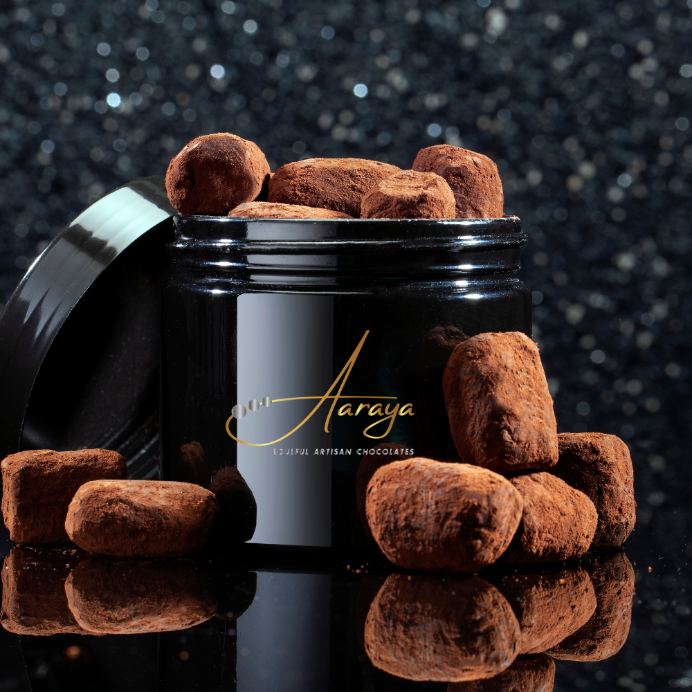 Hazelnut Truffle: Aaraya Chocolates' decadent creation, a perfect blend of velvety ganache and crunchy hazelnuts for a luxurious chocolate experience.