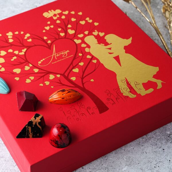 Indulge in Aaraya Chocolates' "Valentines" box—a collection of 25 heart-shaped, red chocolates, a luxurious expression of love.