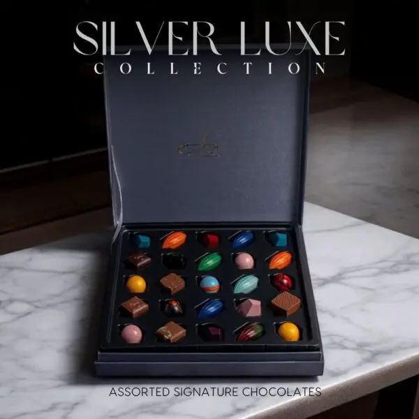 Discover the AARAYA® Assorted Chocolates Box - Silver Luxe Collection, a luxurious selection of handcrafted chocolates in an elegant silver satin box. Perfect for gifting or indulging in premium chocolate bliss.