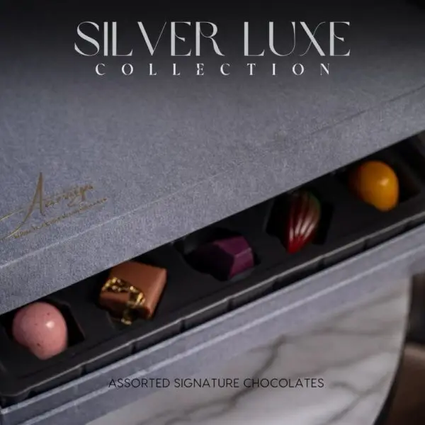 Discover the AARAYA® Assorted Chocolates Box - Silver Luxe Collection, a luxurious selection of handcrafted chocolates in an elegant silver satin box. Perfect for gifting or indulging in premium chocolate bliss.