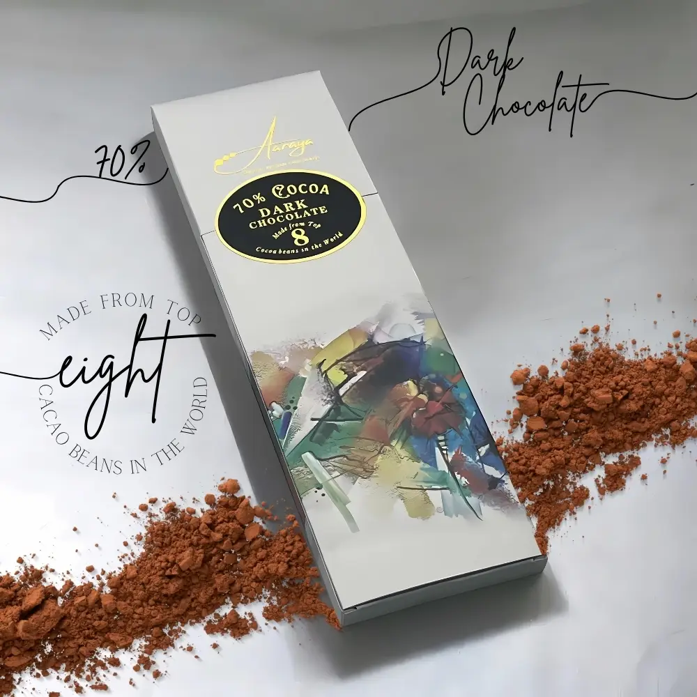 AARAYA® DARK CHOCOLATE 70% bar made with 8 premium cacao beans from around the world. A luxurious dark chocolate bar with a smooth, velvety texture, featuring an elegant packaging design that reflects its rich and intense flavor. Perfect for chocolate enthusiasts seeking a gourmet indulgence