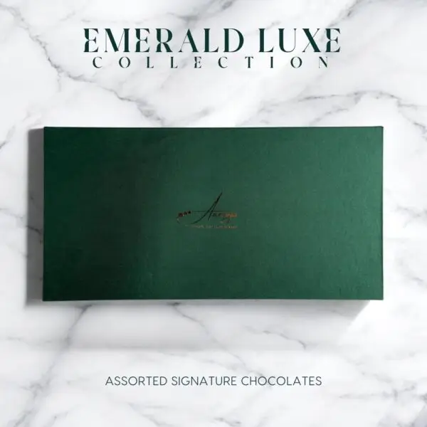 AARAYA® Assorted Chocolates Box - Emerald Luxe Collection in a luxurious green satin box, featuring premium handcrafted chocolates for gifting or indulgence