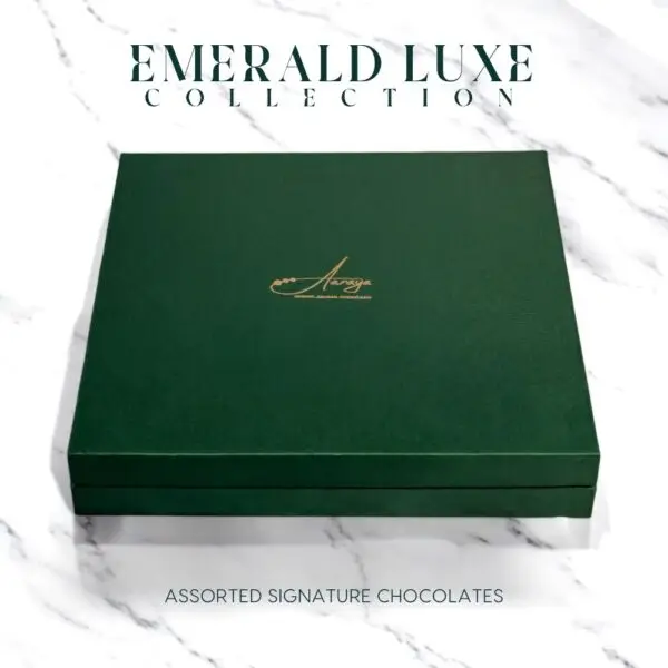 AARAYA® Assorted Chocolates Box - Emerald Luxe Collection in a luxurious green satin box, featuring premium handcrafted chocolates for gifting or indulgence