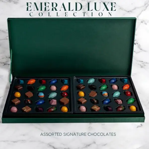 AARAYA® Assorted Chocolates Box - Emerald Luxe Collection in a luxurious green satin box, featuring premium handcrafted chocolates for gifting or indulgence