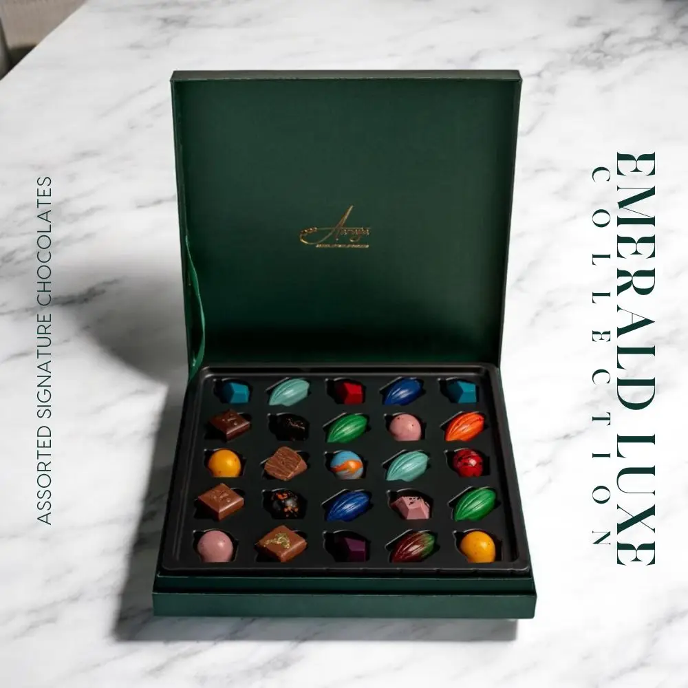 AARAYA® Assorted Chocolates Box - Emerald Luxe Collection in a luxurious green satin box, featuring premium handcrafted chocolates for gifting or indulgence