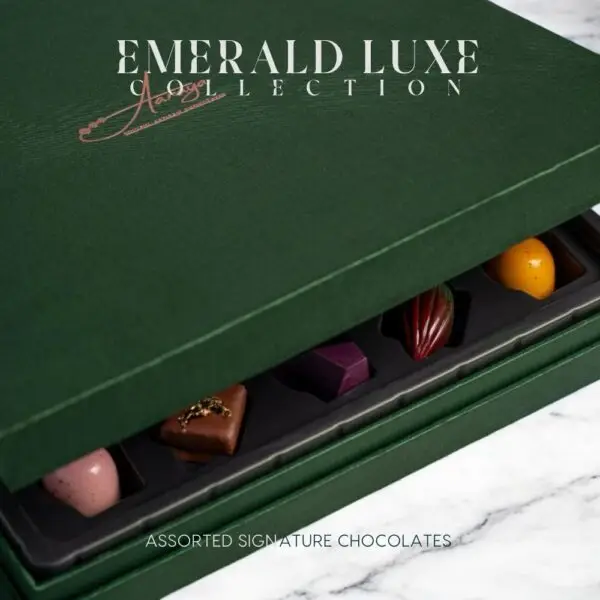 AARAYA® Assorted Chocolates Box - Emerald Luxe Collection in a luxurious green satin box, featuring premium handcrafted chocolates for gifting or indulgence