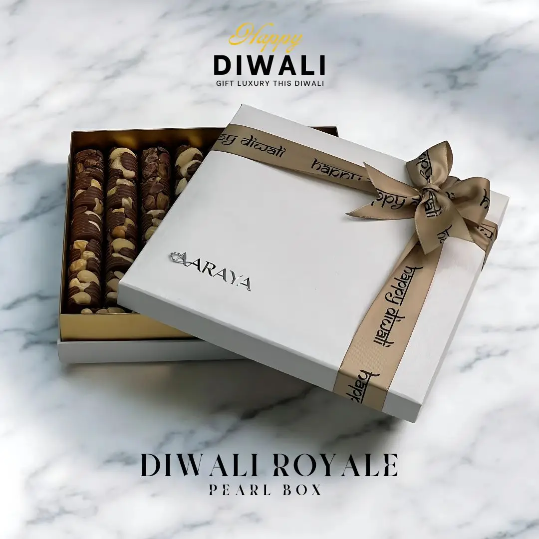 Pearl Box from AARAYA® Diwali Gifts Collection, featuring 45 premium salted nuts chocolates in an elegant pearl-finish gift box, perfect for luxurious Diwali gifting.