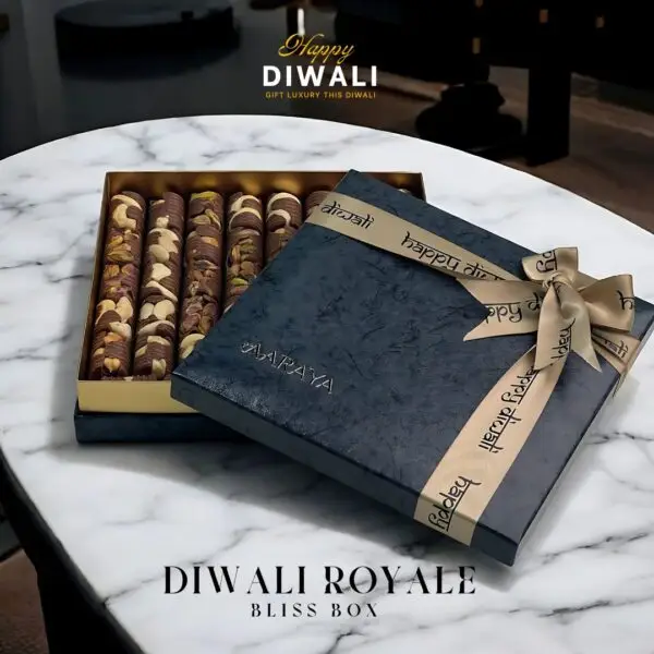 Bliss Box from AARAYA® Diwali Gifts Collection, featuring 45 premium salted nuts chocolates in an elegant divine-finish gift box, perfect for luxurious Diwali gifting.