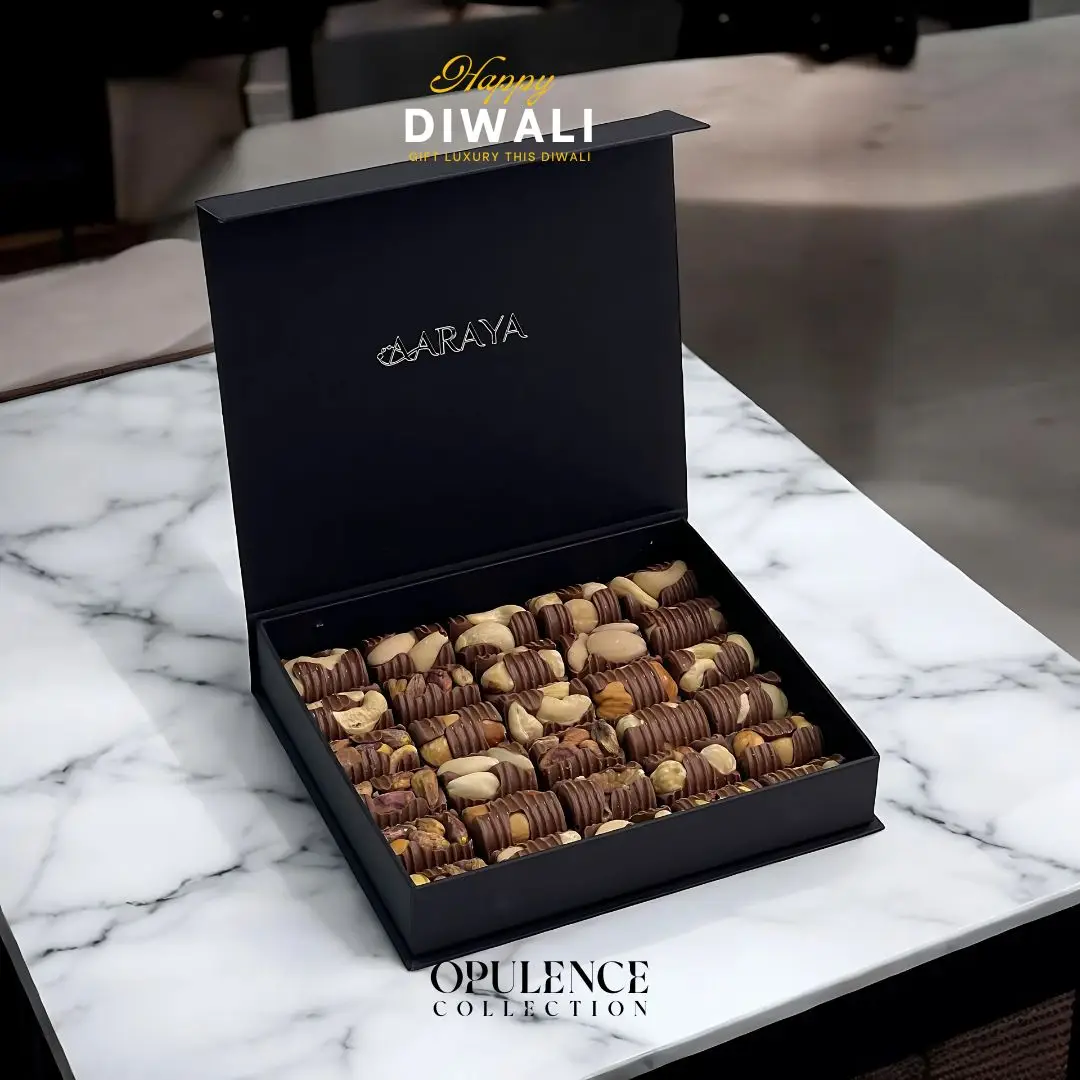 Opulence Box from AARAYA® Diwali Gifts Collection, featuring 30 premium salted nuts chocolates in an elegant divine-finish gift box, perfect for luxurious Diwali gifting.