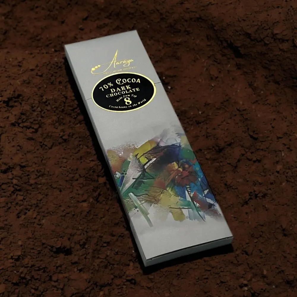 AARAYA® DARK CHOCOLATE 72% bar made with 8 premium cacao beans from around the world. A luxurious dark chocolate bar with a smooth, velvety texture, featuring an elegant packaging design that reflects its rich and intense flavor. Perfect for chocolate enthusiasts seeking a gourmet indulgence