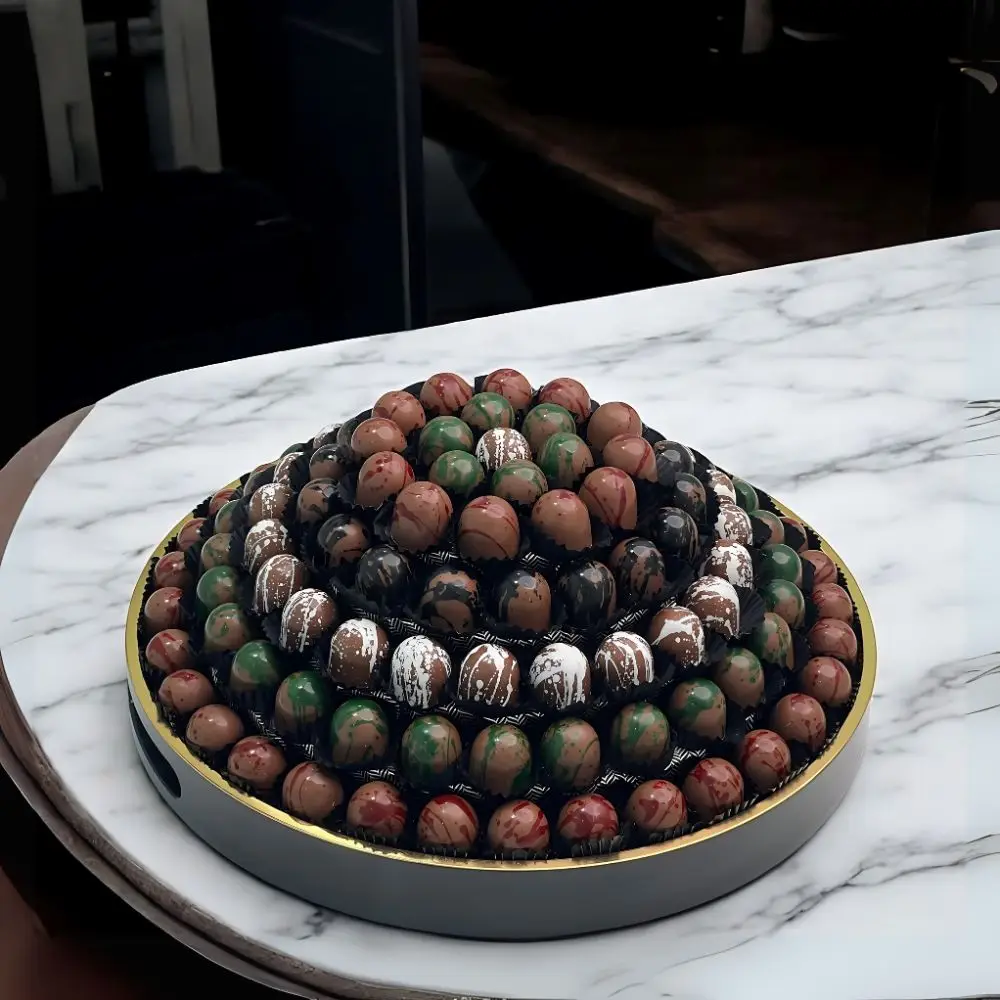 Elegant NATIONAL DAY FAKHR Collection by AARAYA® Chocolatier for UAE National Day, featuring 123 handcrafted premium chocolates in a 36 cm sophisticated display, celebrating the nation’s spirit of unity and heritage. Total weight of 2.9 kg, including 1.8 kg of artisanal chocolates. Available for AED 999