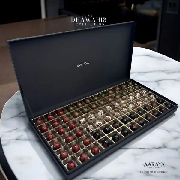 Luxurious DHAWAHIB Collection by AARAYA® Chocolatier for UAE National Day, featuring handcrafted premium chocolates elegantly arranged in beautifully designed boxes, celebrating tradition, unity, and pride