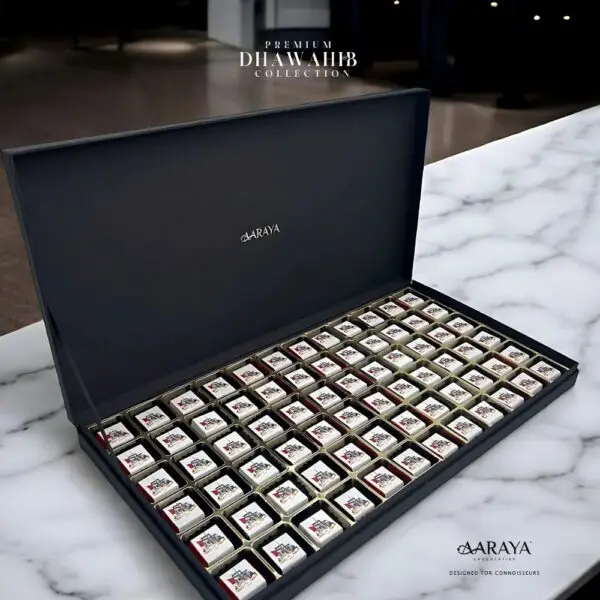 Luxurious DHAWAHIB Collection by AARAYA® Chocolatier for UAE National Day, featuring handcrafted premium chocolates elegantly arranged in beautifully designed boxes, celebrating tradition, unity, and pride