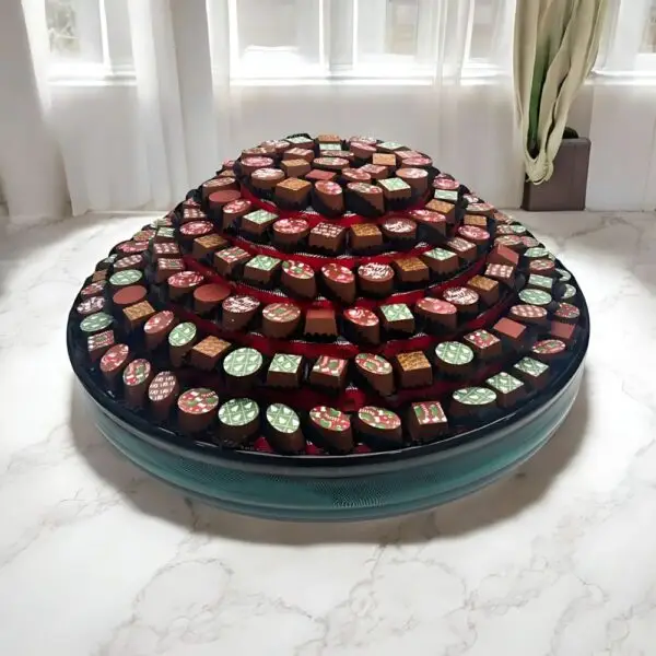 Luxury Festive Chocolate Collection Crystal Luxe Tray with 200 premium assorted chocolates, elegantly presented on a 45 cm crystal-inspired tray, perfect for Christmas gifting by AARAYA® Chocolatier.