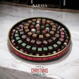 Festive Chocolate Collection Grandeur Tray by AARAYA® featuring 108 handcrafted luxury chocolates, elegantly arranged on a premium 36 cm tray, perfect for Christmas gifting