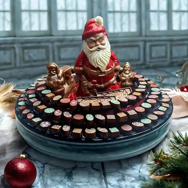 Festive Chocolate Collection Winter Wonderland Tray by AARAYA® Chocolates, featuring 100 assorted luxury chocolates and six handcrafted festive figurines on a 45 cm elegant tray. Perfect for Christmas gifting and celebrations. Limited Edition.