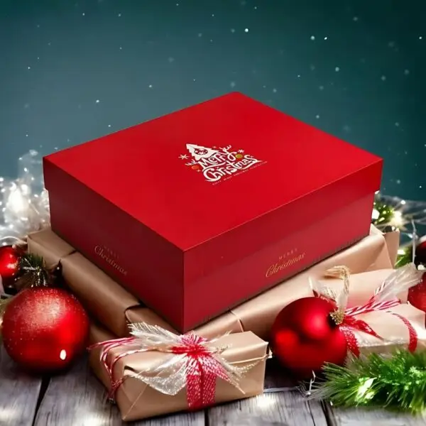 Golden Season Festive Chocolates Gift Box by AARAYA® featuring 105 handcrafted luxury chocolates in Santa Claus-inspired packaging, perfect for Christmas gifting.