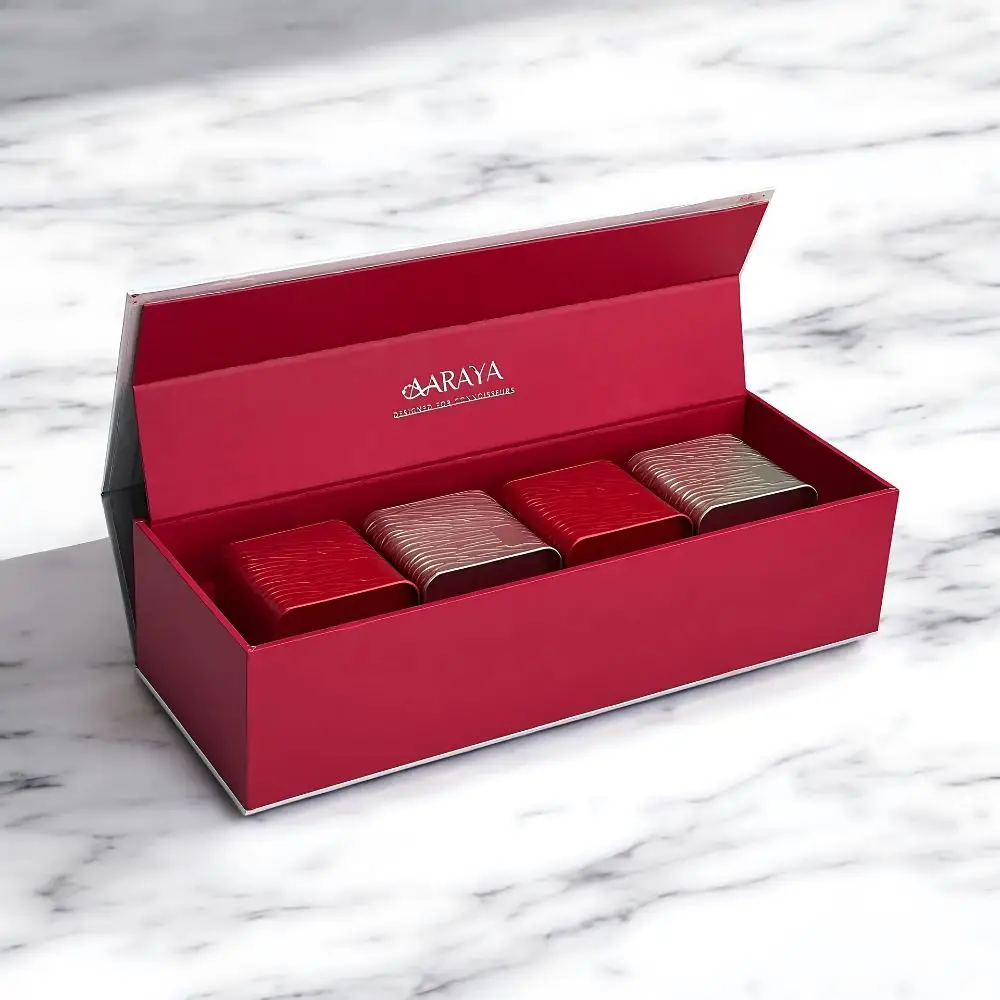 Scarlet Luxury Chocolate Truffles Box by AARAYA® featuring 100 handcrafted premium truffles in an elegant red and gold packaging, perfect for gifting and indulgence.