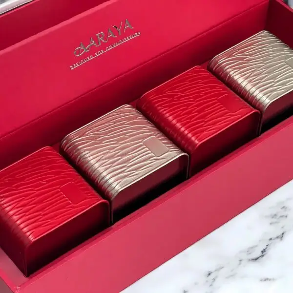 Scarlet Luxury Chocolate Truffles Box by AARAYA® featuring 100 handcrafted premium truffles in an elegant red and gold packaging, perfect for gifting and indulgence.