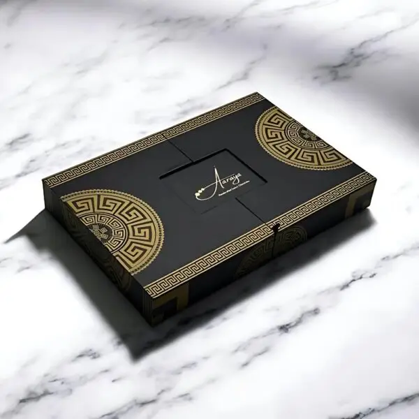 Luxurious Noir Elegance Valentine’s Day Love Box by AARAYA® with 25 heart-shaped premium chocolates in a black and gold design.